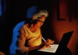 Elder person writing on laptop at night to a dim desktop lamp